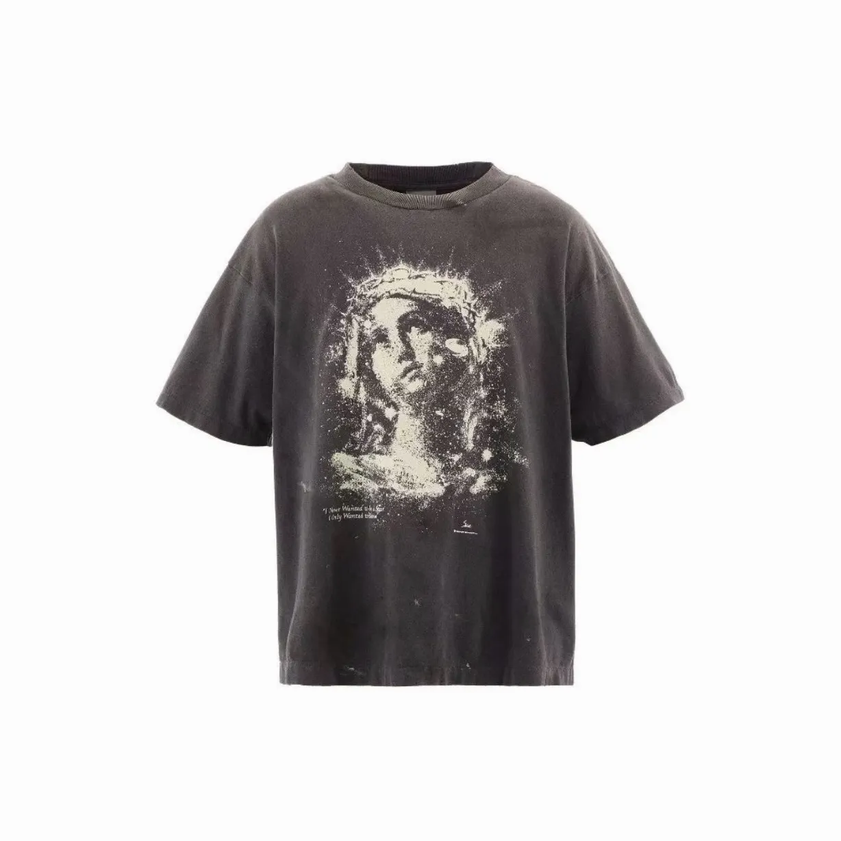 ❥8033#P136 Saint Mxxxxxx New luminous Jesus head is made of double yarn cotton batik fabric 280g, comfortable and breathable to wear. Full of street feel, loose fit. Craftsmanship: luminous printing + graffiti + spray coding, batik and wash. Size: (S-M-L-XL) Color: Washed black